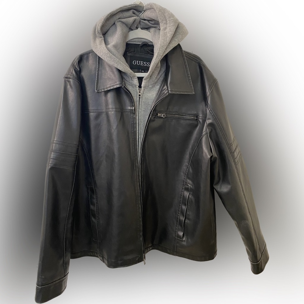 Men’s Vintage Guess Faux Leather jacket with removable hoodie insert, XXL